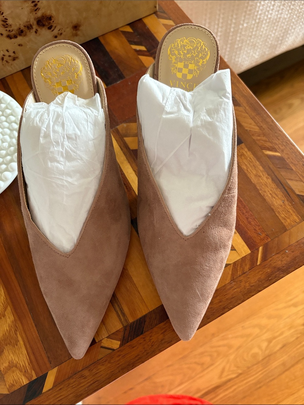 Vince Camuta Taupe Suede Pointed-Toe Mule Heels - Picture 3 of 7
